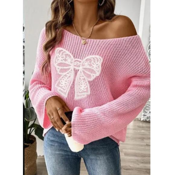 Chicgenes Oversized Bow Boat Neck Long Sleeve Sweater - Picture 4 of 6